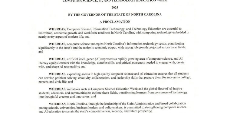 North Carolina, 12월 8–12일을 “컴퓨터과학·IT·기술 교육 주간”으로 지정