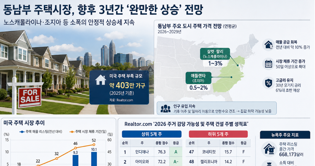노스캐롤라이나·조지아 등 동남부, 향후 3년간 폭등 없이 ‘소폭의 안정적 상승’ 추세 이어갈 듯