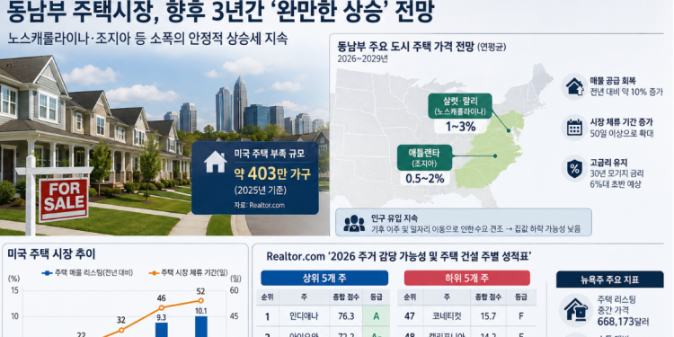 노스캐롤라이나·조지아 등 동남부, 향후 3년간 폭등 없이 ‘소폭의 안정적 상승’ 추세 이어갈 듯