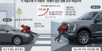 차량 보닛 높아지며 보행자 사망률 급증…SUV·픽업 대형화가 주된 원인