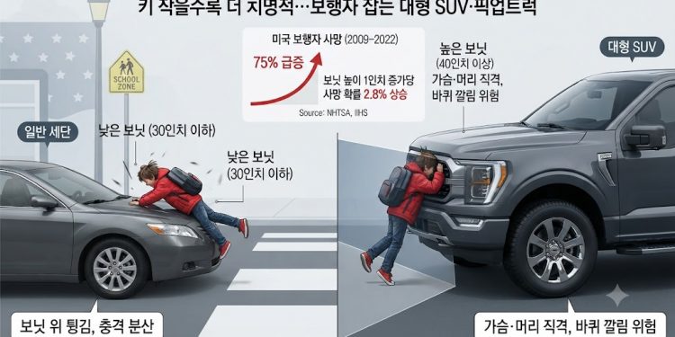 차량 보닛 높아지며 보행자 사망률 급증…SUV·픽업 대형화가 주된 원인