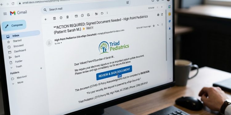 트라이애드 지역 ‘하이포인트 소아과(Triad Pediatrics)’ 명의 도용… 가짜 전자서명 피싱 이메일 주의보