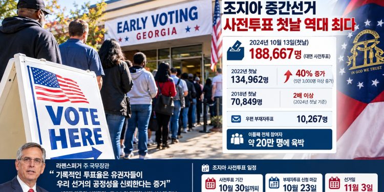 조지아 사전투표 첫날 18만8천명 ‘역대 최다’…2022년보다 40% 급증